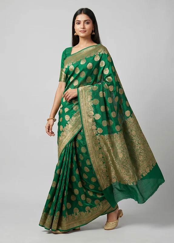 Green Handloom Pure Georgette Saree With Blouse Piece One Size
