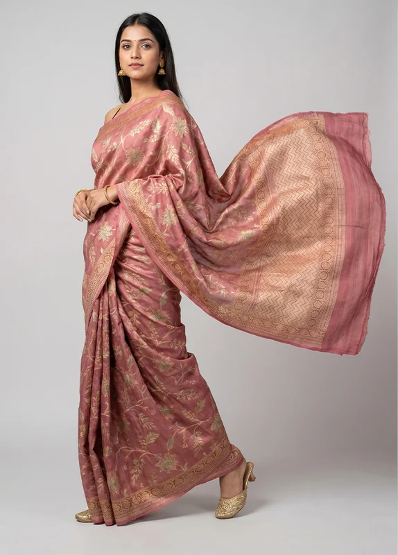 Pink Handloom Tussar Pure Silk Saree With Blouse Piece One Size