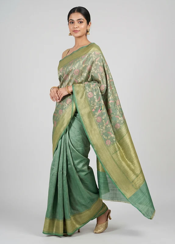 Green Handloom Tussar Pure Silk Saree With Blouse Piece One Size