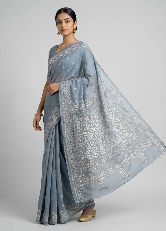 Grey Handloom Kantha Stitch Pure Silk Saree With Blouse Piece One Size