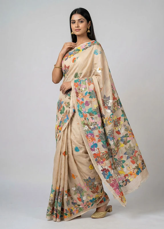 Cream Handloom Kantha Stitch Pure Silk Saree With Blouse Piece One Size