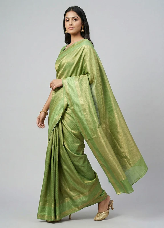 Green Dupion Silk Saree With Blouse Piece One Size