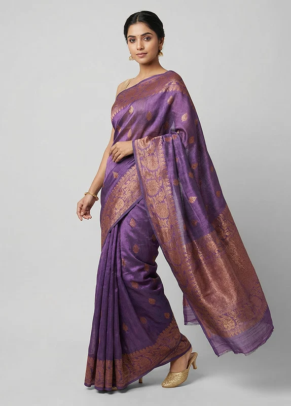 Purple Handloom Tussar Pure Silk Saree With Blouse Piece One Size