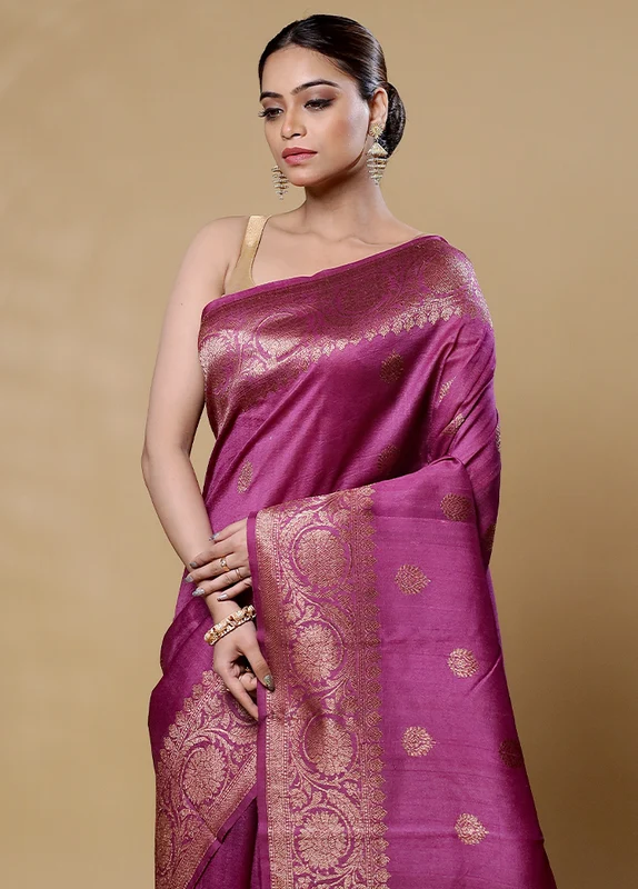 Purple Handloom Tussar Pure Silk Saree With Blouse Piece Onesize