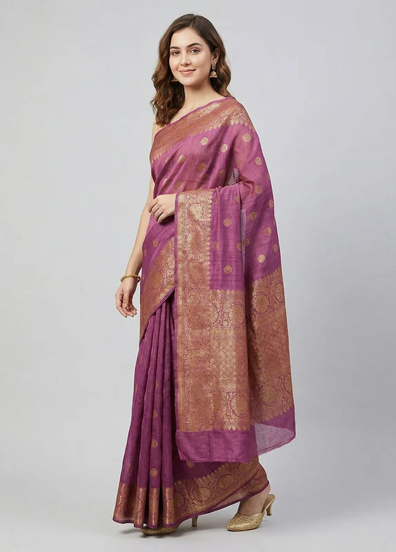 Purple Handloom Tussar Pure Silk Saree With Blouse Piece One Size