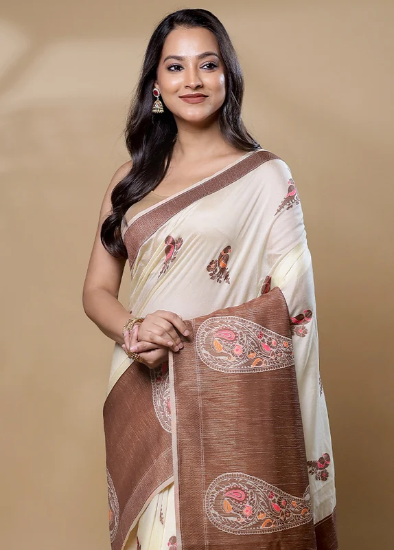 Cream Dupion Silk Saree With Blouse Piece Onesize