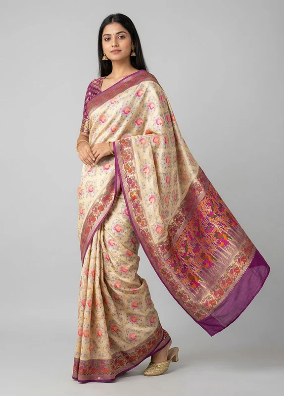 Cream Dupion Silk Saree With Blouse Piece One Size