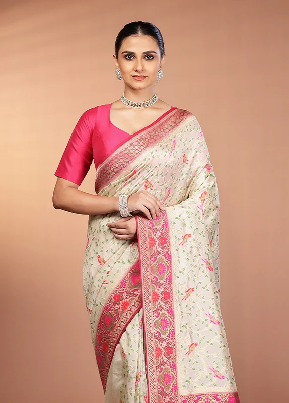 Cream Dupion Silk Saree With Blouse Piece One Size