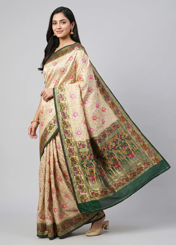 Cream Dupion Silk Saree With Blouse Piece One Size