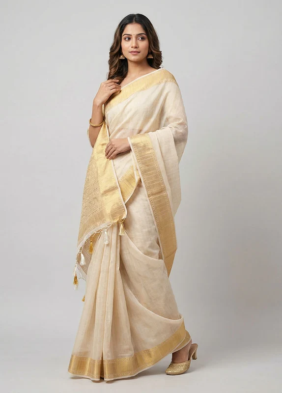 White Dupion Silk Saree With Blouse Piece One Size