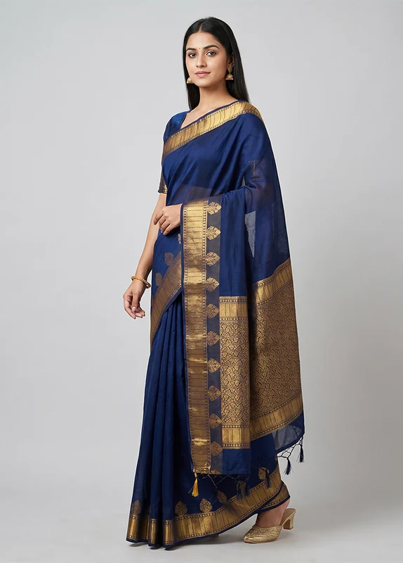 Blue Dupion Silk Saree With Blouse Piece One Size