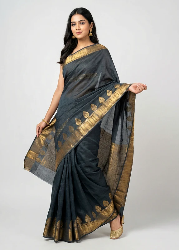 Black Dupion Silk Saree With Blouse Piece One Size
