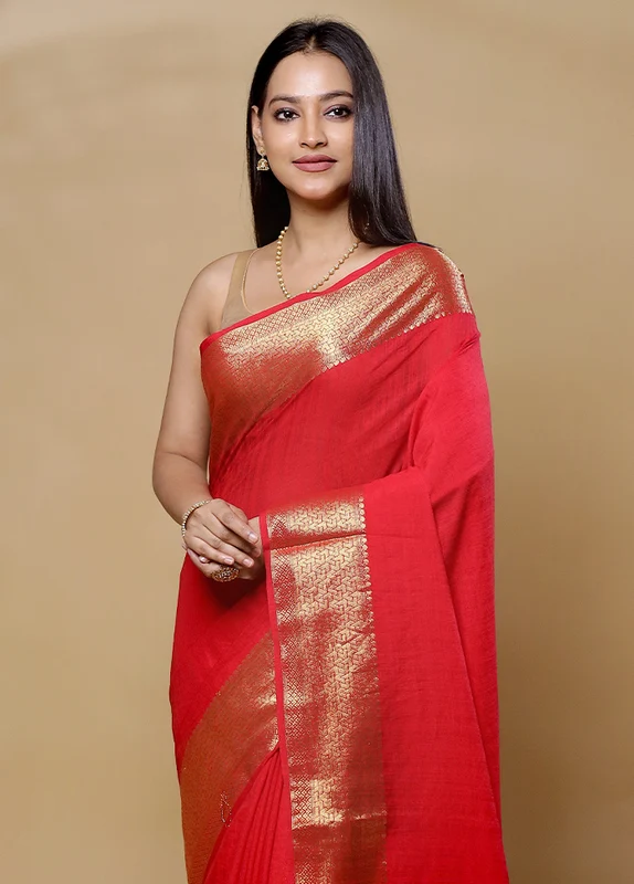Red Dupion Silk Saree With Blouse Piece Onesize