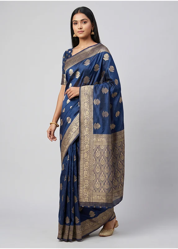 Blue Dupion Silk Saree With Blouse Piece One Size