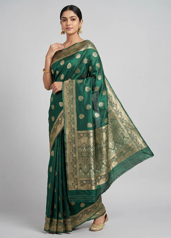 Green Dupion Silk Saree With Blouse Piece One Size