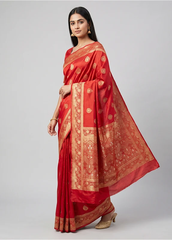 Red Dupion Silk Saree With Blouse Piece One Size