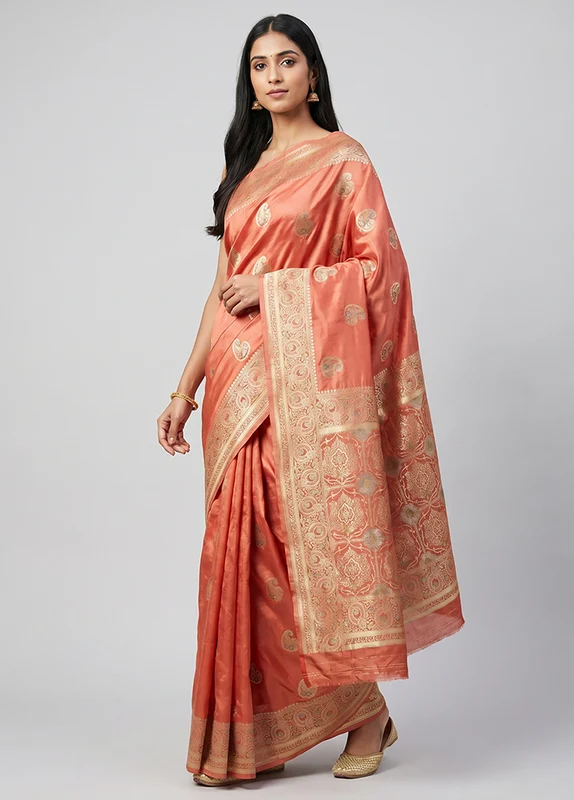 Peach Dupion Silk Saree With Blouse Piece One Size