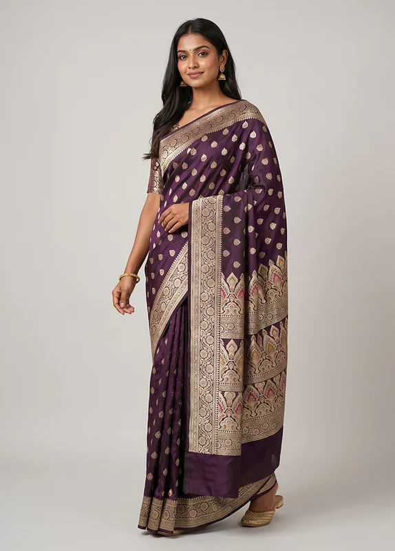 Purple Handloom Banarasi Pure Silk Saree With Blouse Piece One Size