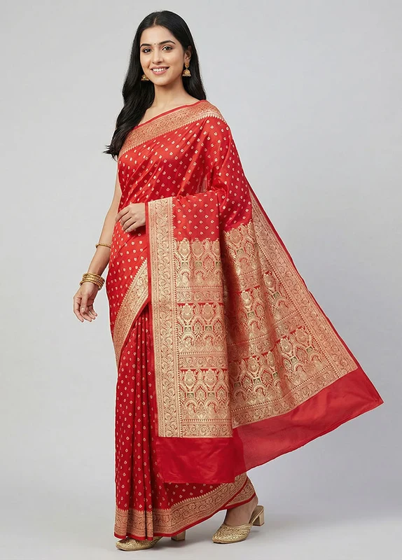 Red Handloom Banarasi Pure Silk Saree With Blouse Piece One Size