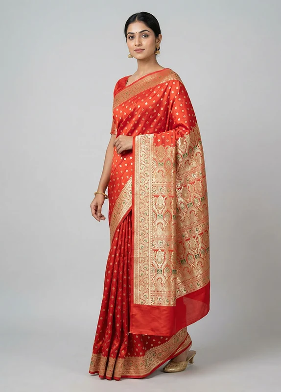 Red Handloom Banarasi Pure Silk Saree With Blouse Piece One Size