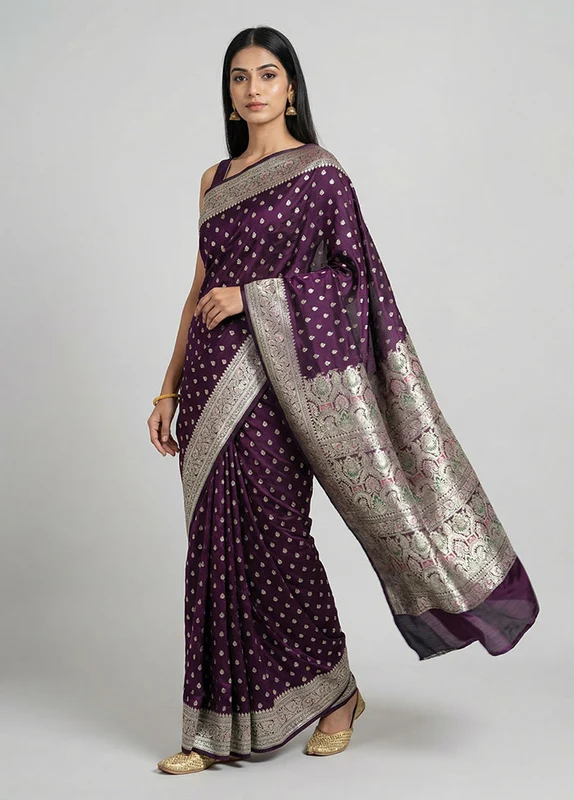 Purple Handloom Banarasi Pure Silk Saree With Blouse Piece One Size