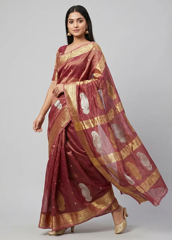 Pink Handloom Tissue Pure Silk Saree With Blouse Piece One Size