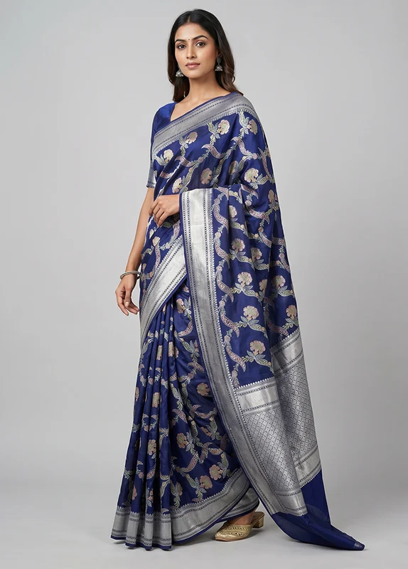 Blue Handloom Pure Georgette Saree With Blouse Piece One Size