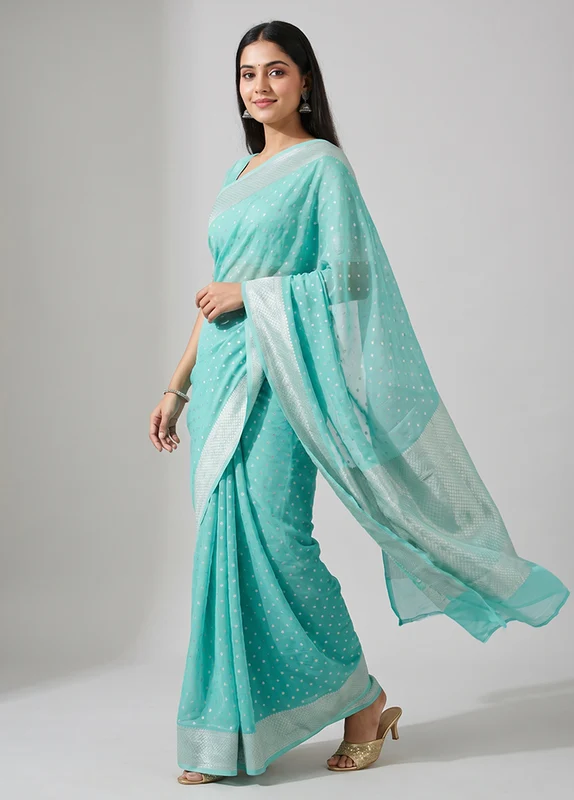 Green Handloom Pure Georgette Saree With Blouse Piece One Size