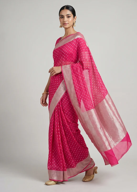 Pink Handloom Pure Georgette Saree With Blouse Piece One Size