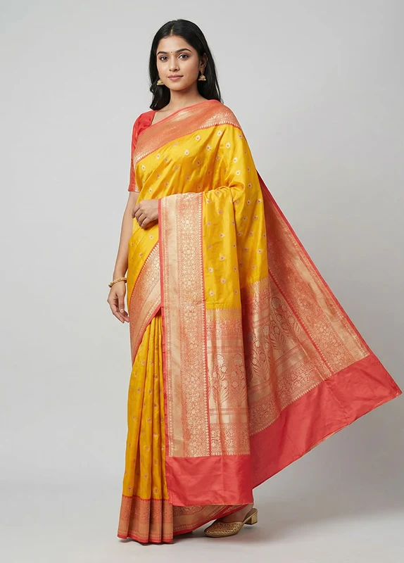 Yellow Handloom Katan Pure Silk Saree With Blouse Piece One Size