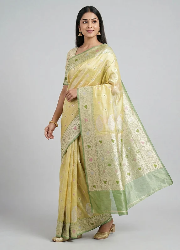 Green Handloom Tissue Pure Silk Saree With Blouse Piece One Size