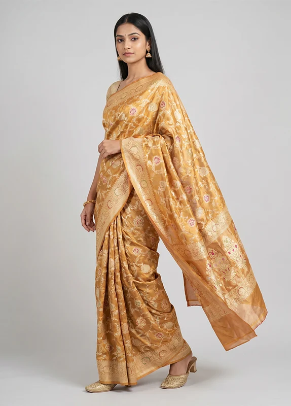 Yellow Handloom Tissue Pure Silk Saree With Blouse Piece One Size
