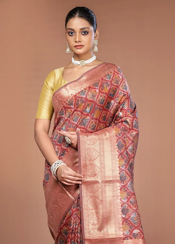 Pink Tussar Silk Saree With Blouse Piece One Size