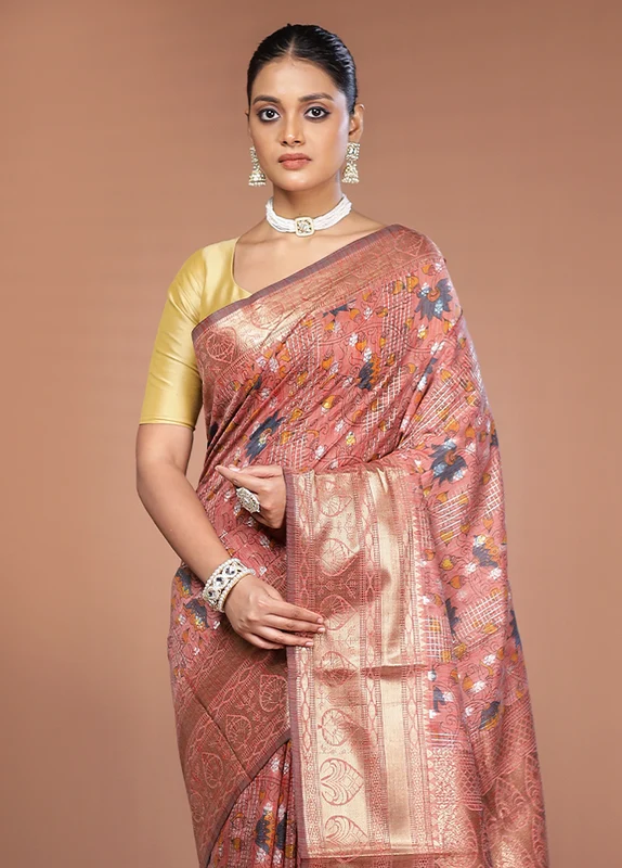 Pink Tussar Silk Saree With Blouse Piece One Size