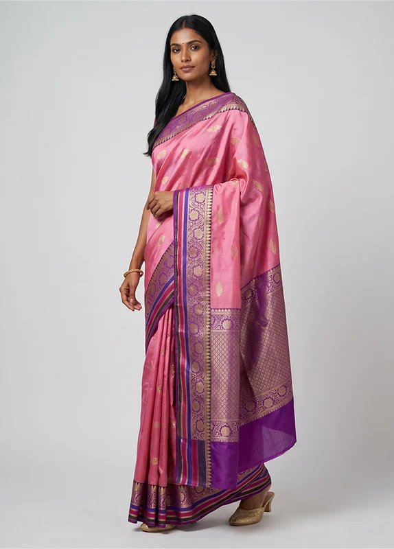 Pink Handloom Katan Pure Silk Saree With Blouse Piece One Size