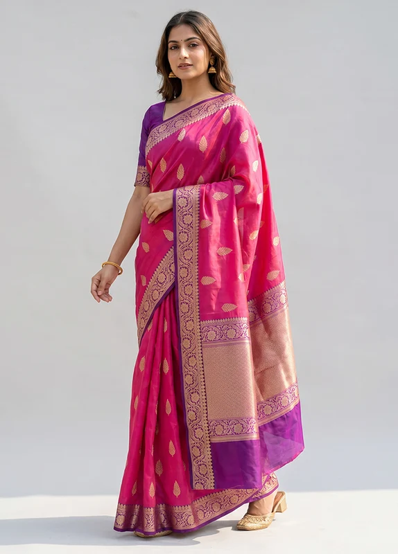 Pink Handloom Katan Pure Silk Saree With Blouse Piece One Size