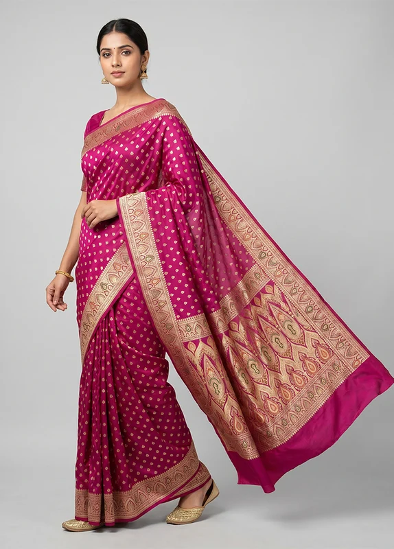 Pink Handloom Banarasi Pure Silk Saree With Blouse Piece One Size