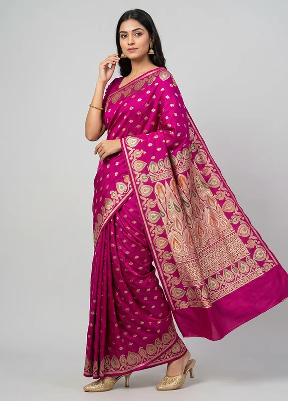 Pink Handloom Banarasi Pure Silk Saree With Blouse Piece One Size