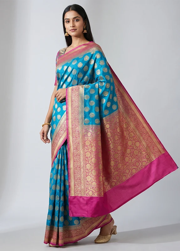 Blue Uppada Silk Saree With Blouse Piece One Size