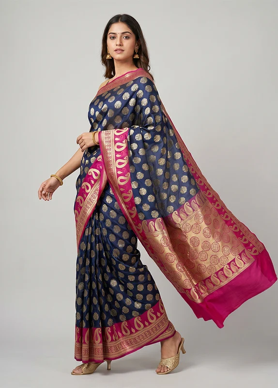 Blue Uppada Silk Saree With Blouse Piece One Size