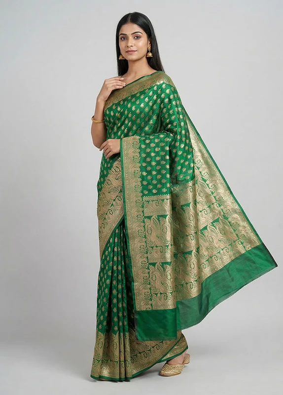 Green Handloom Banarasi Pure Silk Saree With Blouse Piece One Size