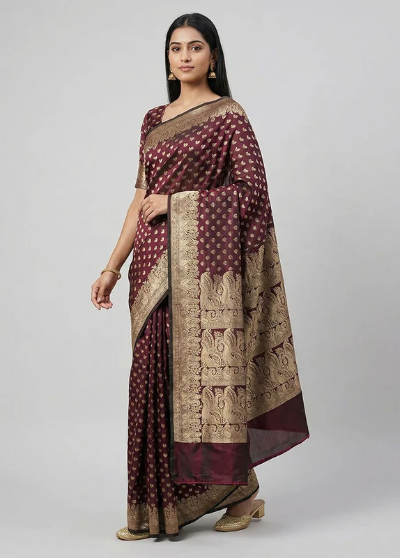 Purple Handloom Banarasi Pure Silk Saree With Blouse Piece One Size