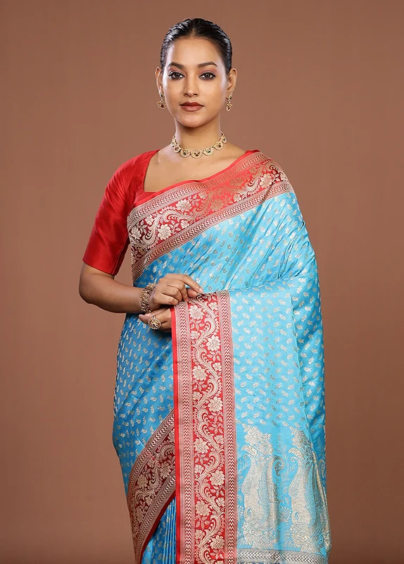 Blue Handloom Banarasi Pure Silk Saree With Blouse Piece One Size