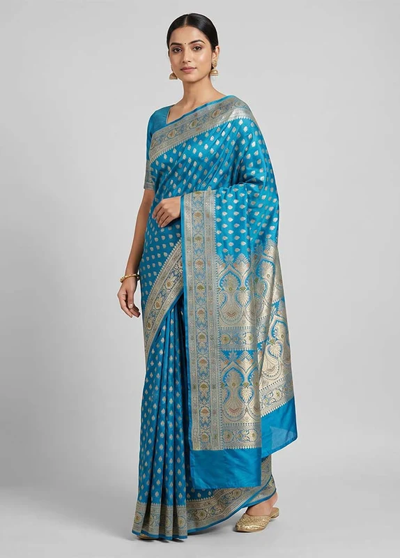 Blue Handloom Banarasi Pure Silk Saree With Blouse Piece One Size