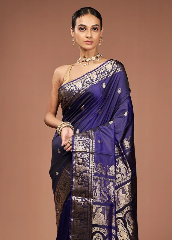 Black Handloom Baluchari Pure Silk Saree With Blouse Piece One Size