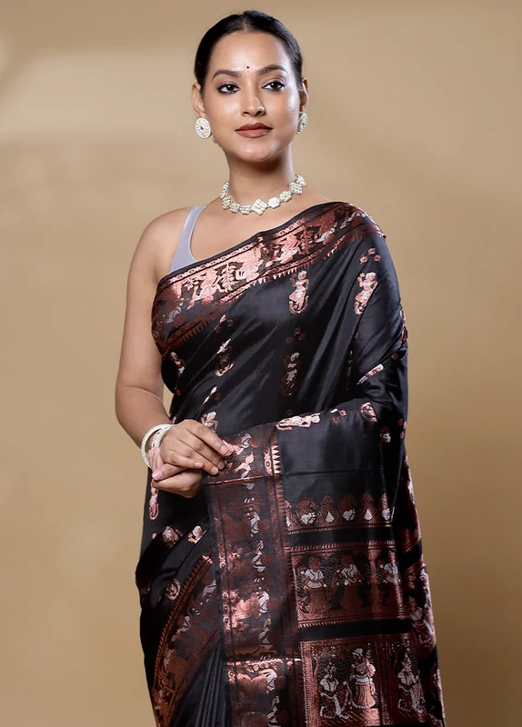 Black Handloom Baluchari Pure Silk Saree With Blouse Piece Onesize