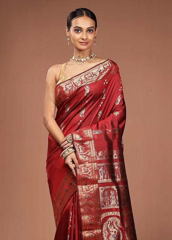 Maroon Handloom Baluchari Pure Silk Saree With Blouse Piece One Size