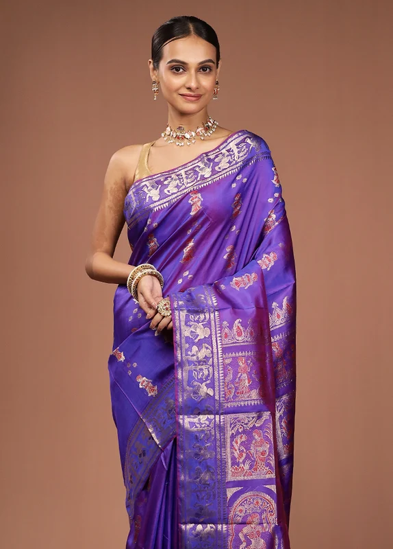 Purple Handloom Baluchari Pure Silk Saree With Blouse Piece One Size
