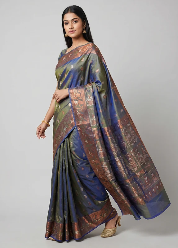 Grey Handloom Baluchari Pure Silk Saree With Blouse Piece One Size