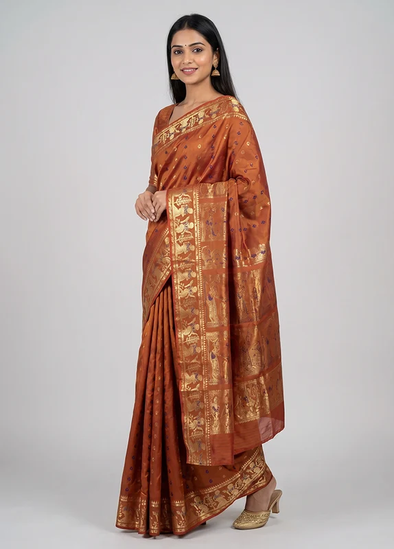 Pink Handloom Baluchari Pure Silk Saree With Blouse Piece One Size